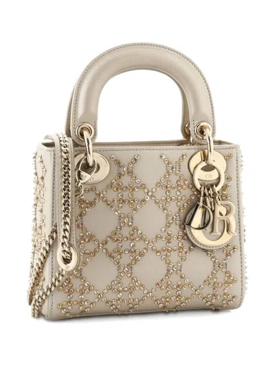 Pre-owned Dior Lady  Chain Bag Crystal Embellished Cannage Quilt Leather Mini Satchel In Gold