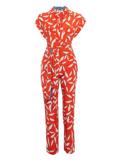 Pre-owned Dvf Vintage Leaf-print Tied-waist Jumpsuit In Red