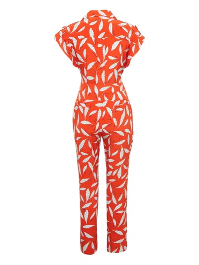 Pre-owned Dvf Vintage Leaf-print Tied-waist Jumpsuit In Red
