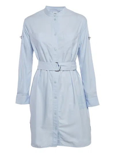 Pre-owned Burberry Embroidered-logo Belted Shirt Midi Dress In Blue