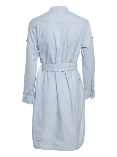 Pre-owned Burberry Embroidered-logo Belted Shirt Midi Dress In Blue