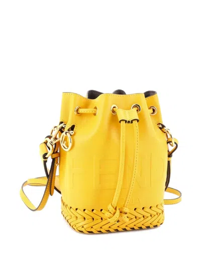 Pre-owned Fendi Mon Tresor Leather With Whipstitch Detail Mini Bucket Bag In Yellow
