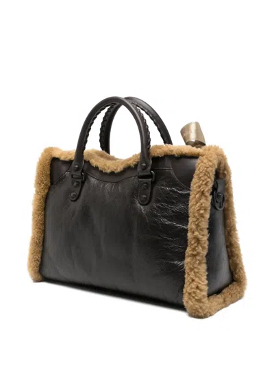 Balenciaga Medium Le City Shearling-trimmed Tote Bag In Black