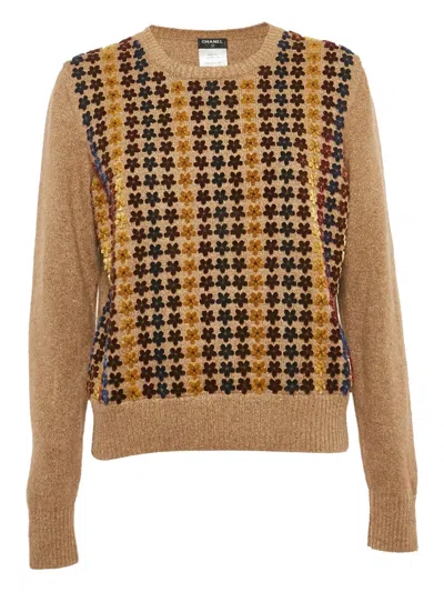 Pre-owned Chanel Floral-detail Wool Sweater In Brown