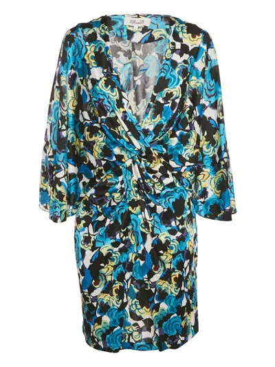 Pre-owned Diane Von Furstenberg Twist-front Floral Mini Dress In Blue