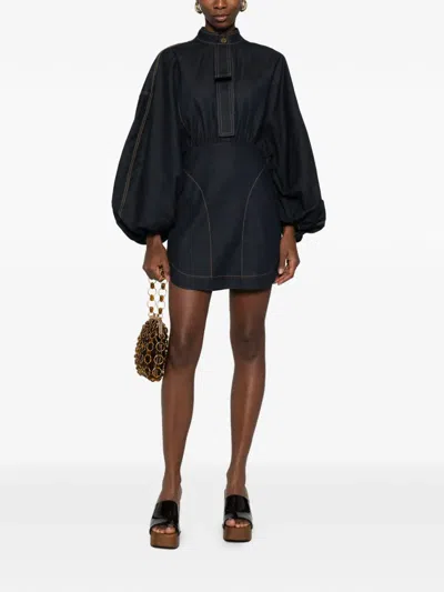 Zimmermann Bishop-sleeve Denim Mini Dress In Blue
