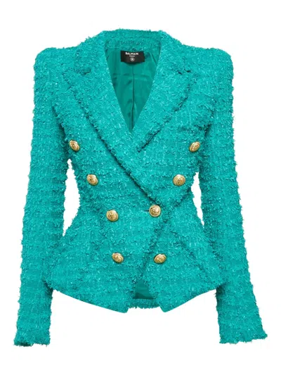 Pre-owned Balmain Tweed Double-breasted Blazer In Green