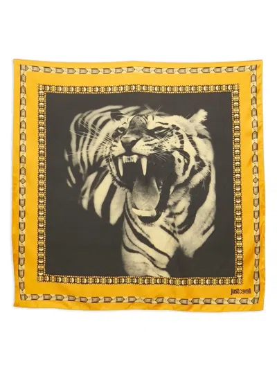 Pre-owned Just Cavalli 2000s Tiger-print Silk Scarf In Orange