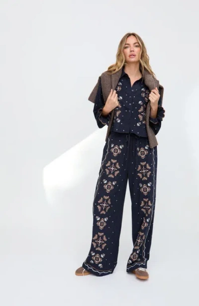 Raffya Anai Half Placket Embroidered Blouse In Blue