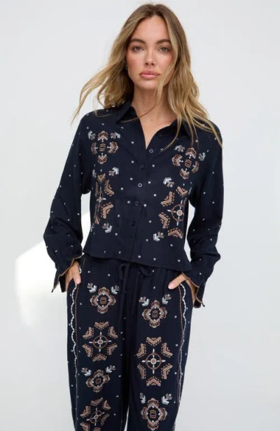 Raffya Anai Half Placket Embroidered Blouse In Blue