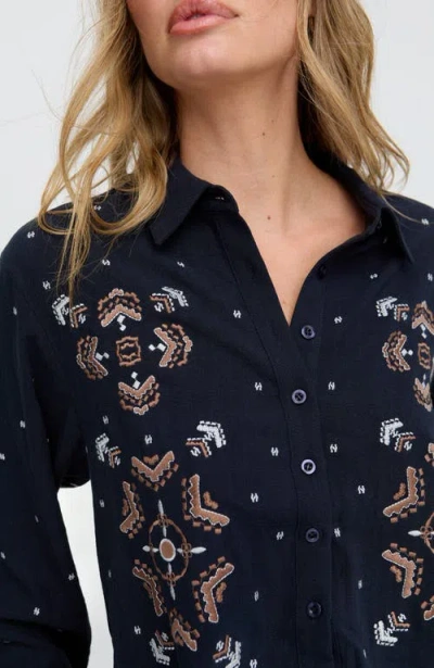 Raffya Anai Half Placket Embroidered Blouse In Blue
