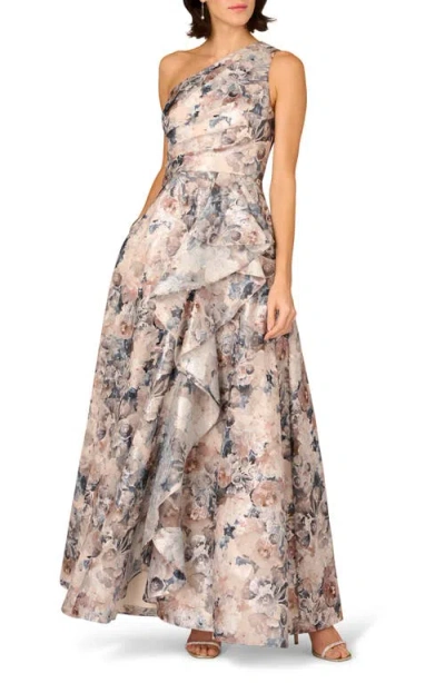 Aidan Mattox Metallic Jacquard Ruffle One-shoulder Ballgown In Multi