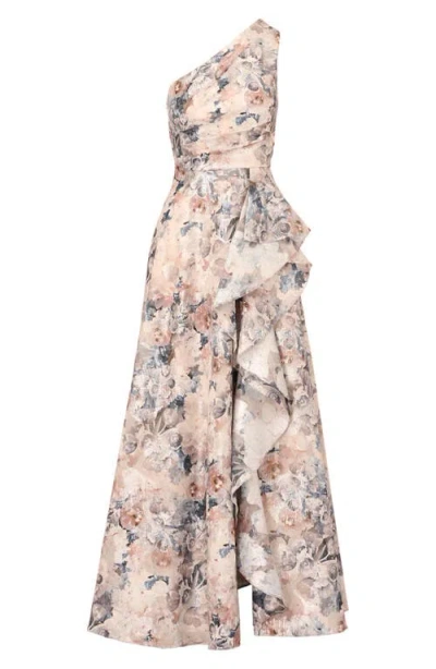 Aidan Mattox Metallic Jacquard Ruffle One-shoulder Ballgown In Multi
