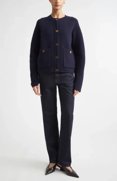 Totême Womens Navy Hammered Round-neck Stretch-wool Blend Cardigan Xs In Black