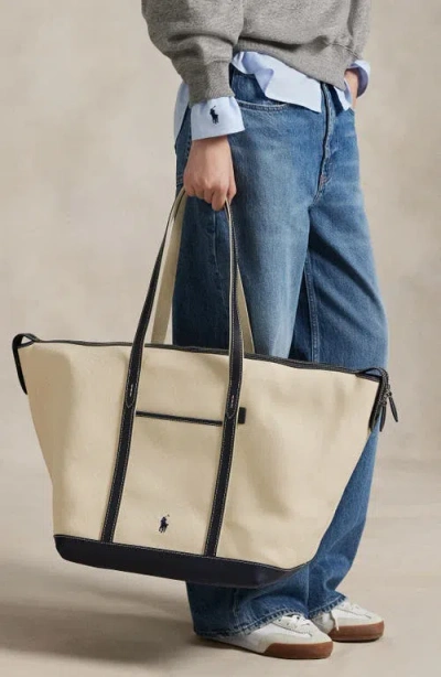 Polo Ralph Lauren Large Leather-trimmed Cotton-blend Canvas Tote In Blue