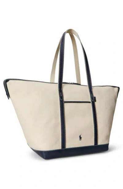 Polo Ralph Lauren Large Leather-trimmed Cotton-blend Canvas Tote In Blue