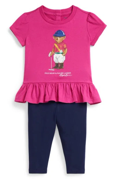 Ralph Lauren Graphic Peplum Top And Leggings Set In Pink