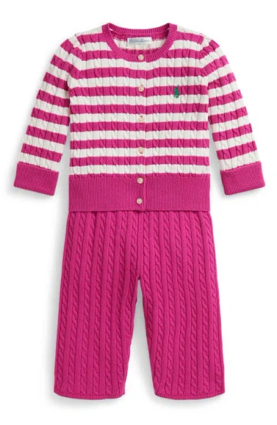 Ralph Lauren Mini-cable Cotton Cardigan & Pant Set In Pink