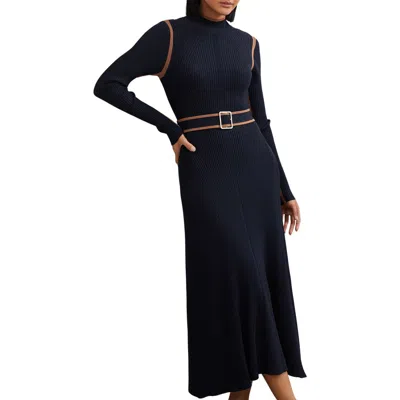Reiss Ella Belted Long Sleeve Rib Maxi Dress In Blue