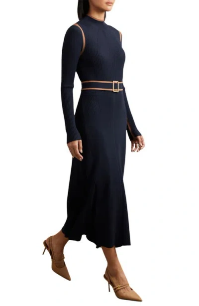 Reiss Ella Belted Long Sleeve Rib Maxi Dress In Blue