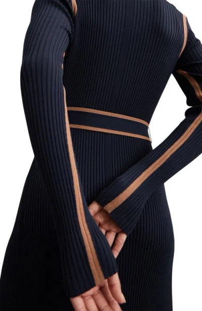 Reiss Ella Belted Long Sleeve Rib Maxi Dress In Blue