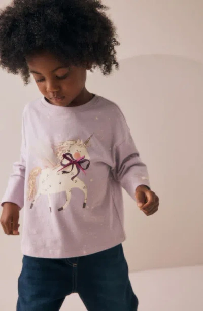 Next Kids' Unicorn Long Sleeve Cotton Graphic T-shirt In Purple