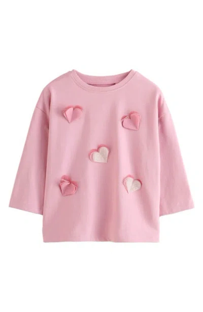 Next Kids' Sparkle Heart Appliqué Long Sleeve Cotton Graphic T-shirt In Pink