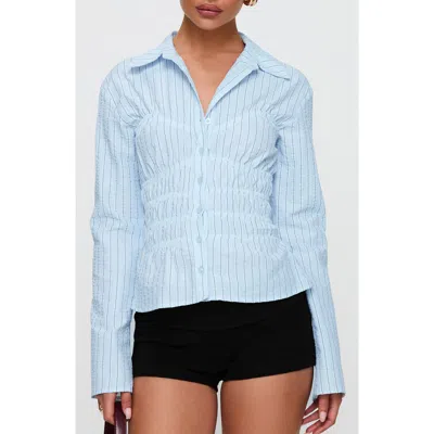 Princess Polly Lisel Stripe Shirred Button-up Shirt In Blue