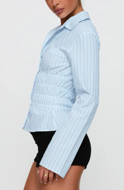 Princess Polly Lisel Stripe Shirred Button-up Shirt In Blue