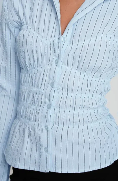 Princess Polly Lisel Stripe Shirred Button-up Shirt In Blue