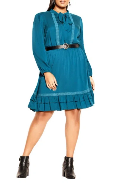 City Chic Precious Tie Neck Belted Long Sleeve Dress In Blue