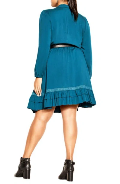 City Chic Precious Tie Neck Belted Long Sleeve Dress In Blue