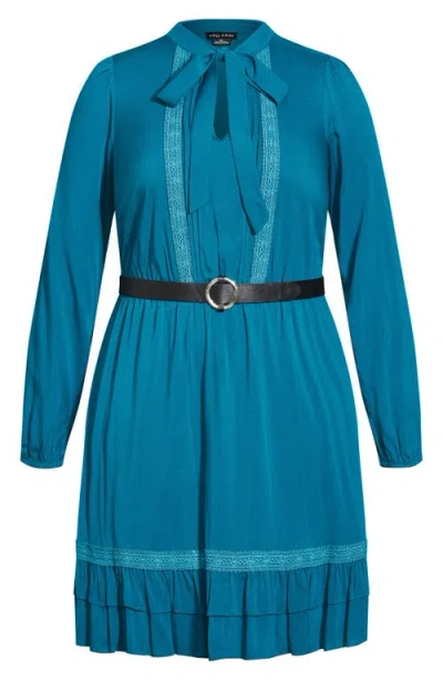 City Chic Precious Tie Neck Belted Long Sleeve Dress In Blue