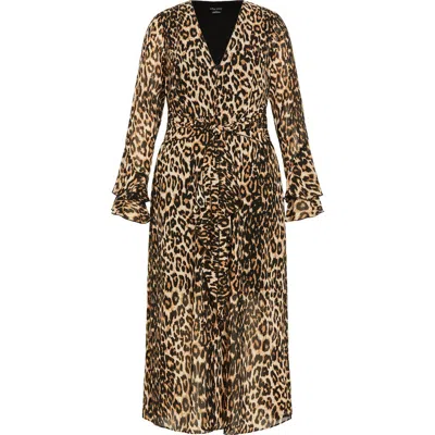 City Chic Carter Print Tie Waist Long Sleeve Maxi Dress In Brown