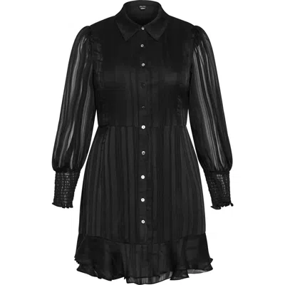 City Chic Journi Stripe Long Sleeve Shirtdress In Black