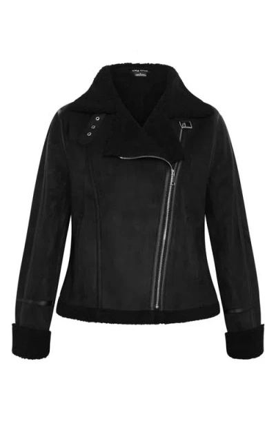 City Chic Madilyn Faux Shearling Moto Jacket In Black