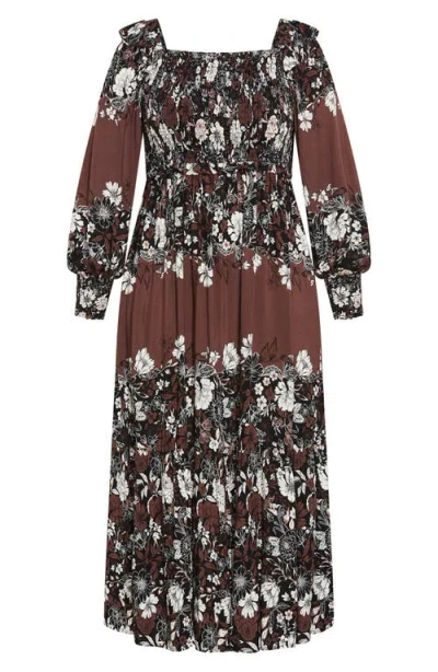 City Chic Hattie Floral Print Long Sleeve Maxi Dress In Brown