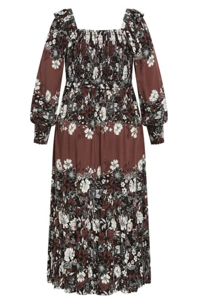 City Chic Hattie Floral Print Long Sleeve Maxi Dress In Brown