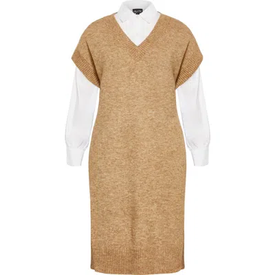 City Chic Gloria Layered Long Sleeve Knit Dress In Brown