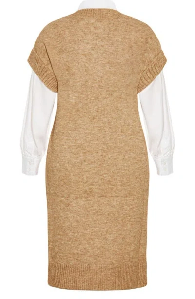 City Chic Gloria Layered Long Sleeve Knit Dress In Brown