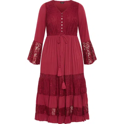 City Chic Dulce Lace Detail Long Sleeve Maxi Dress In Red