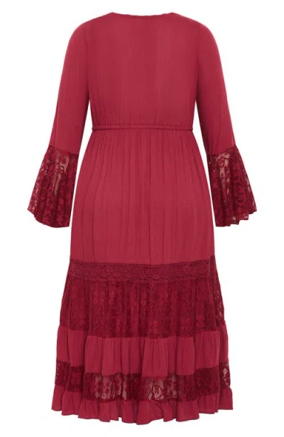 City Chic Dulce Lace Detail Long Sleeve Maxi Dress In Red