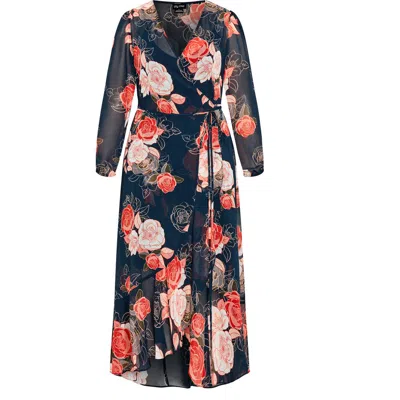 City Chic Kataleya Long Sleeve Chiffon Maxi Wrap Dress In Multi