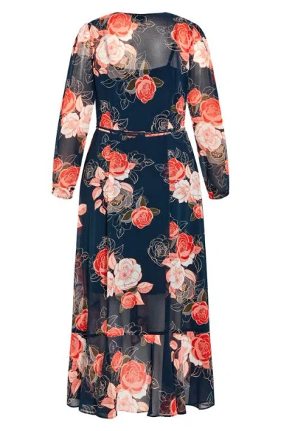 City Chic Kataleya Long Sleeve Chiffon Maxi Wrap Dress In Multi