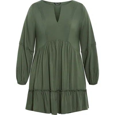 City Chic Mira Long Sleeve Tiered Minidress In Green