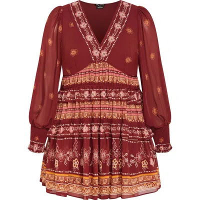 City Chic Ophelia Mixed Print Long Sleeve Tiered Minidress In Red