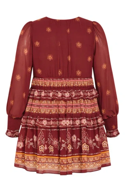 City Chic Ophelia Mixed Print Long Sleeve Tiered Minidress In Red