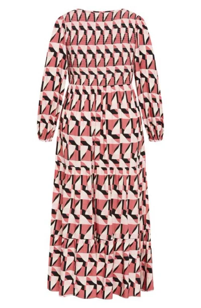 City Chic Adley Printed Smocked Bodice Long Sleeve Maxi Dress In Pink