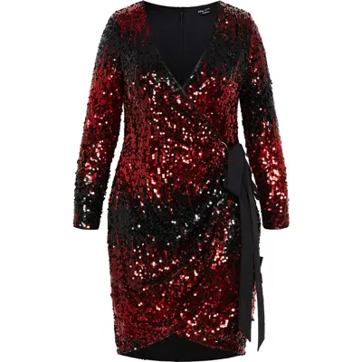City Chic Arielle Long Sleeve Sequin Wrap Front Dress In Black