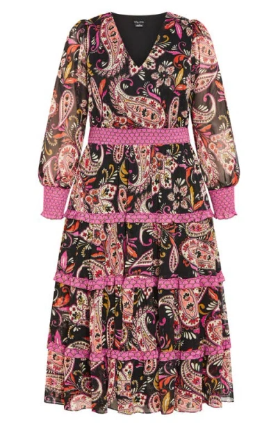City Chic Gwendolyn Paisley Long Sleeve Tiered Midi Dress In Multi